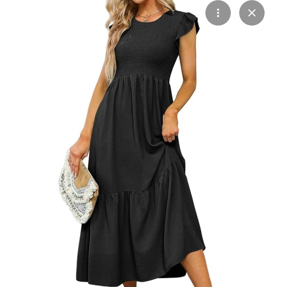 Ofeefan Women's Maxi Dress Large Boho Cottagecore Ruffle Sleeve Black Smocked